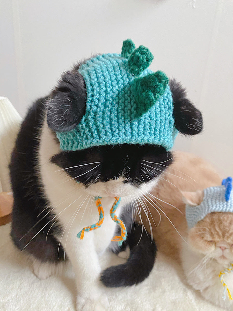 HKM-048531 Knitted Dinosaur Hat for Cats - Blue, Green, Purple, Yellow Options Available