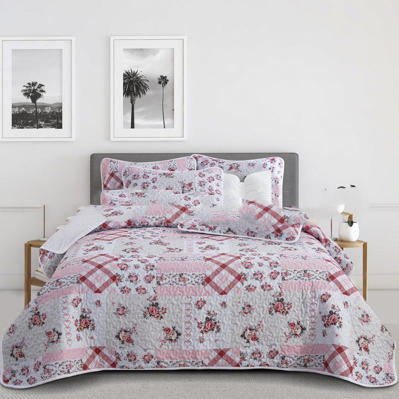 HKM-048531 Quilted Three-Piece Bedspread Set with Floral and Plant Design - 229x229cm