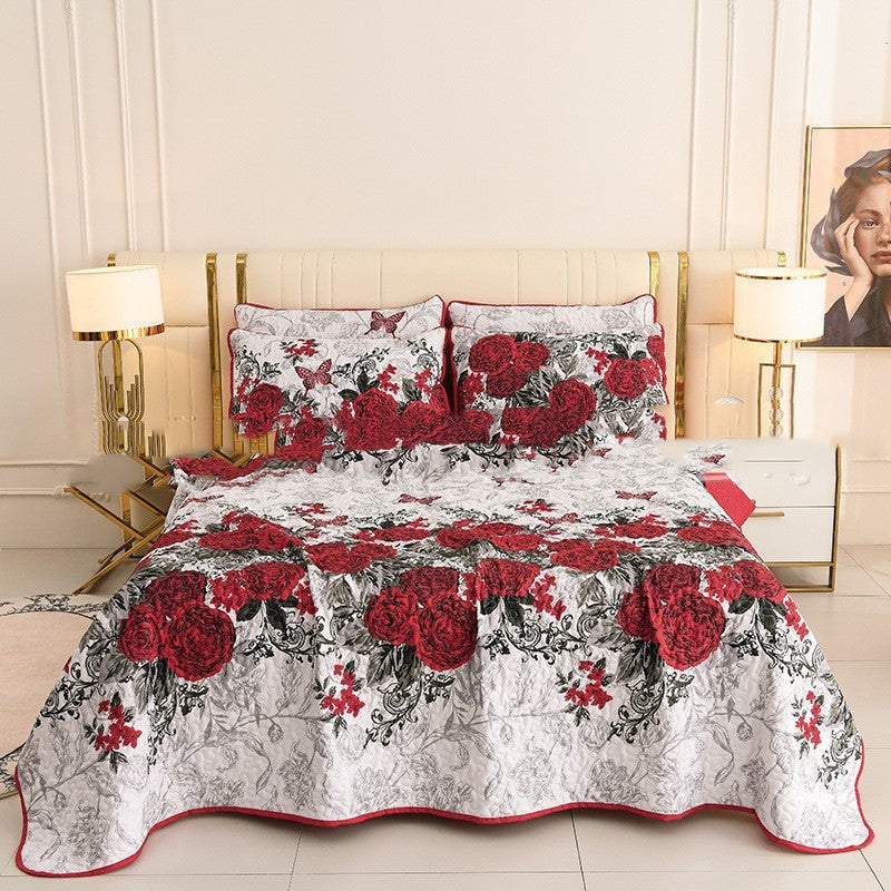 HKM-048531 Quilted Three-Piece Bedspread Set with Floral and Plant Design - 229x229cm