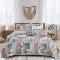 HKM-048531 Quilted Three-Piece Bedspread Set with Floral and Plant Design - 229x229cm