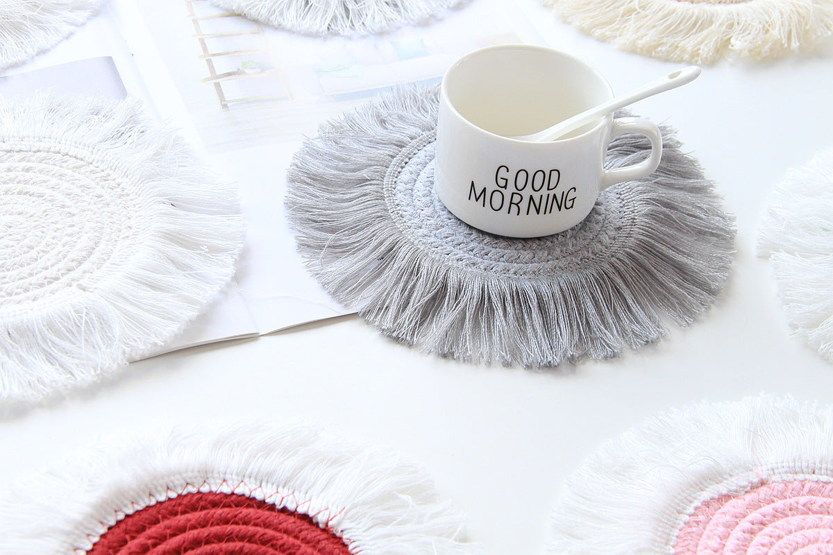 HKM-049363 Tassel Insulation Table Mat - Stylish Heat-Resistant Cushion, 19.5cm Size