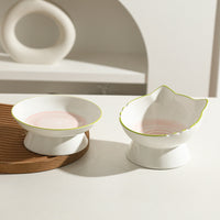 HKM-049555 Hand-Painted Ceramic Cat Bowl with Cute Cat Ears for Food and Water