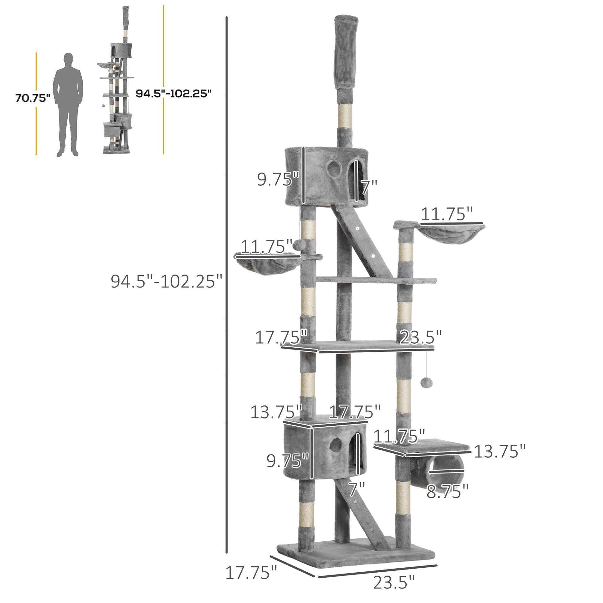 HKM-049683 Adjustable Floor Standing Cat Tree with Hammock and Climbing Tower, Height 94.5-10.25 Inches