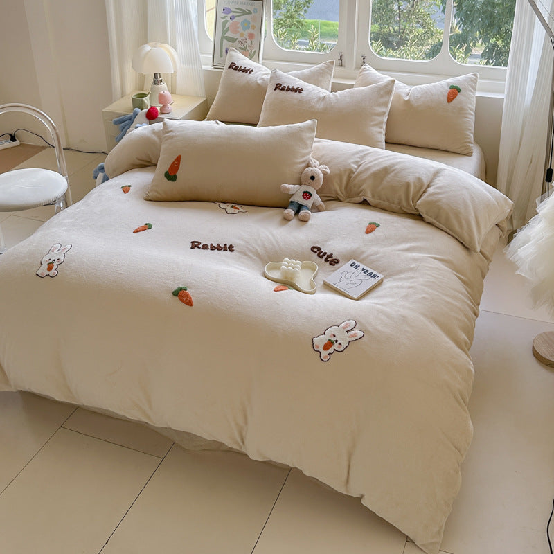 HKM-051667 Cartoon Winter Milk Fiber Bedding Set with Embroidery and Tassels, Multiple Sizes Available