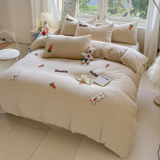 HKM-051667 Cartoon Winter Milk Fiber Bedding Set with Embroidery and Tassels, Multiple Sizes Available