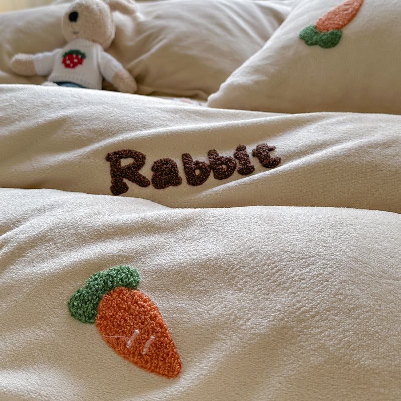 HKM-051667 Cartoon Winter Milk Fiber Bedding Set with Embroidery and Tassels, Multiple Sizes Available