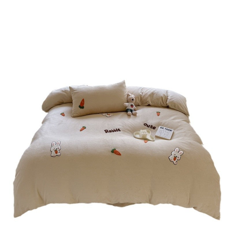 HKM-051667 Cartoon Winter Milk Fiber Bedding Set with Embroidery and Tassels, Multiple Sizes Available