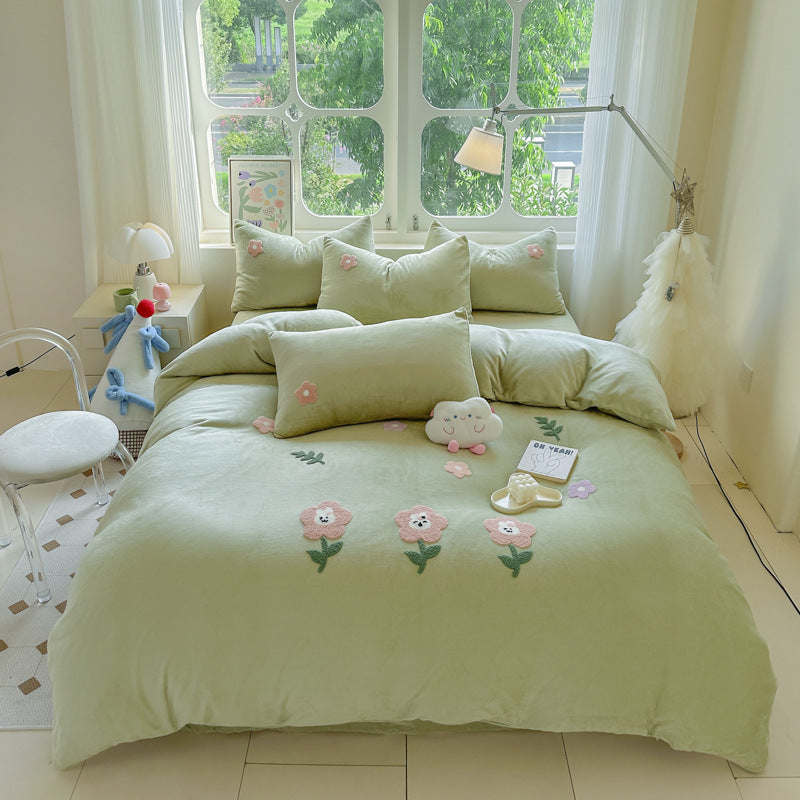 HKM-051667 Cartoon Winter Milk Fiber Bedding Set with Embroidery and Tassels, Multiple Sizes Available