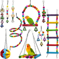 HKM-051923 10-Piece Wooden Parrot Toy Set with Beads, Rotating Ladder, Swing Stand, and Chewing Toys