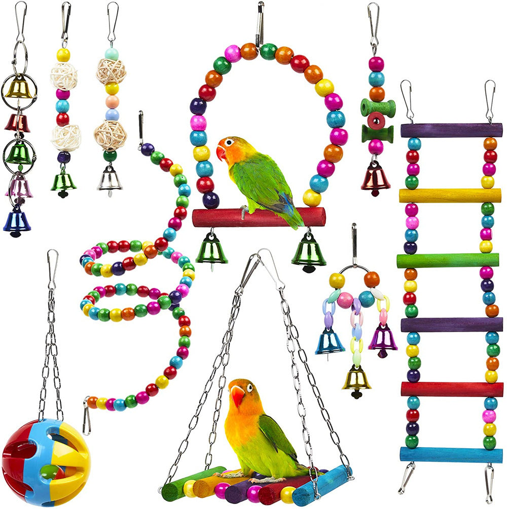 HKM-051923 10-Piece Wooden Parrot Toy Set with Beads, Rotating Ladder, Swing Stand, and Chewing Toys