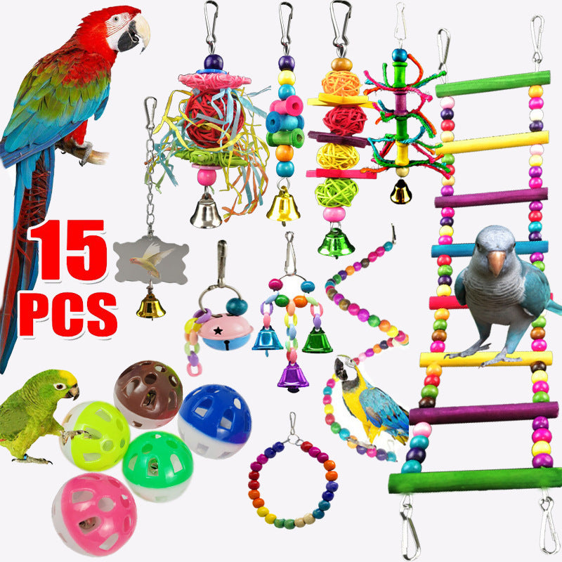 HKM-051923 10-Piece Wooden Parrot Toy Set with Beads, Rotating Ladder, Swing Stand, and Chewing Toys