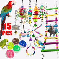 HKM-051923 10-Piece Wooden Parrot Toy Set with Beads, Rotating Ladder, Swing Stand, and Chewing Toys
