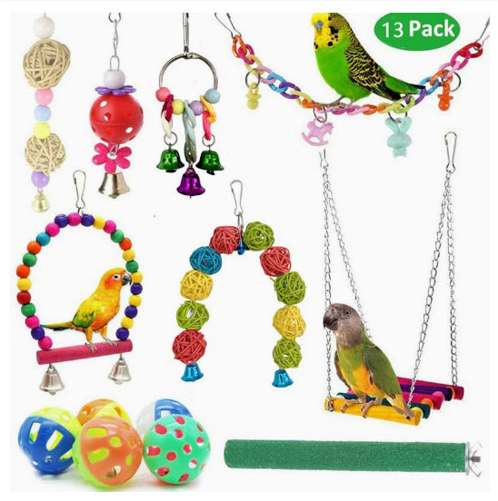 HKM-051923 10-Piece Wooden Parrot Toy Set with Beads, Rotating Ladder, Swing Stand, and Chewing Toys
