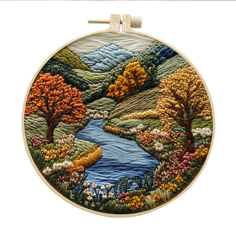 KTX-053971 Landscape Embroidery DIY Kit with Cotton and Linen Fabric, Includes 15cm Embroidery Frame