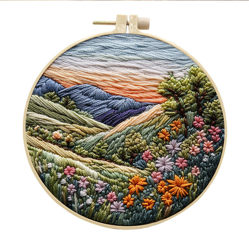 KTX-053971 Landscape Embroidery DIY Kit with Cotton and Linen Fabric, Includes 15cm Embroidery Frame