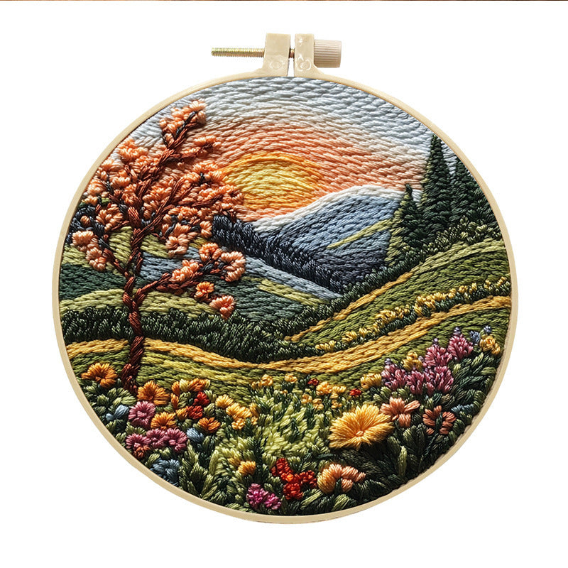 KTX-053971 Landscape Embroidery DIY Kit with Cotton and Linen Fabric, Includes 15cm Embroidery Frame