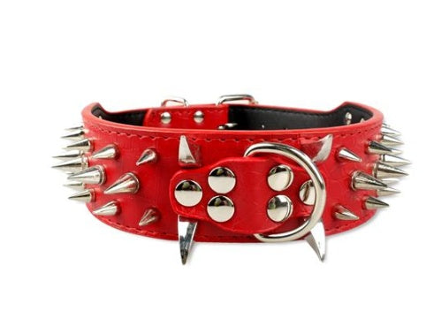 HKM-053971 Punk Style Leather Dog Collar with Black Spikes, Adjustable Size Large