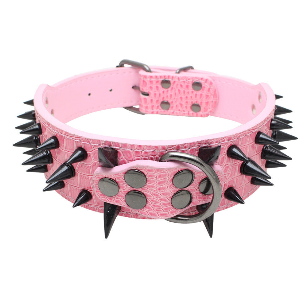 HKM-053971 Punk Style Leather Dog Collar with Black Spikes, Adjustable Size Large