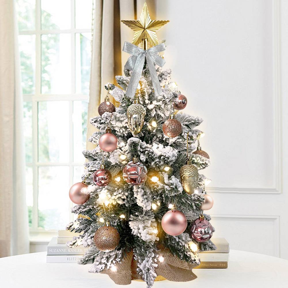 HKM-054099 22-inch Rose Gold Flocked Snow Tabletop Christmas Tree with Light