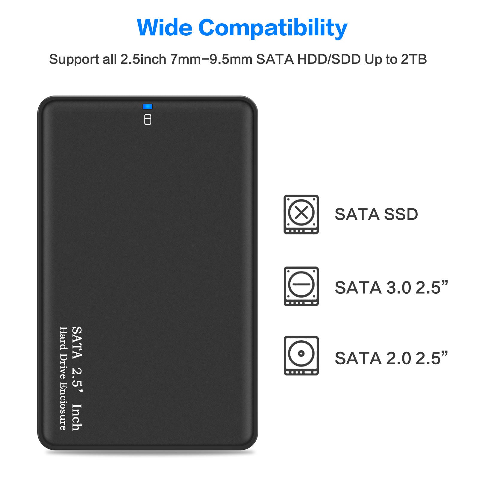 HKM-054483 2.5 Inch USB 3.0 External Hard Drive Enclosure for SATA SSD and HDD, Supports Up to 2TB, Plug and Play