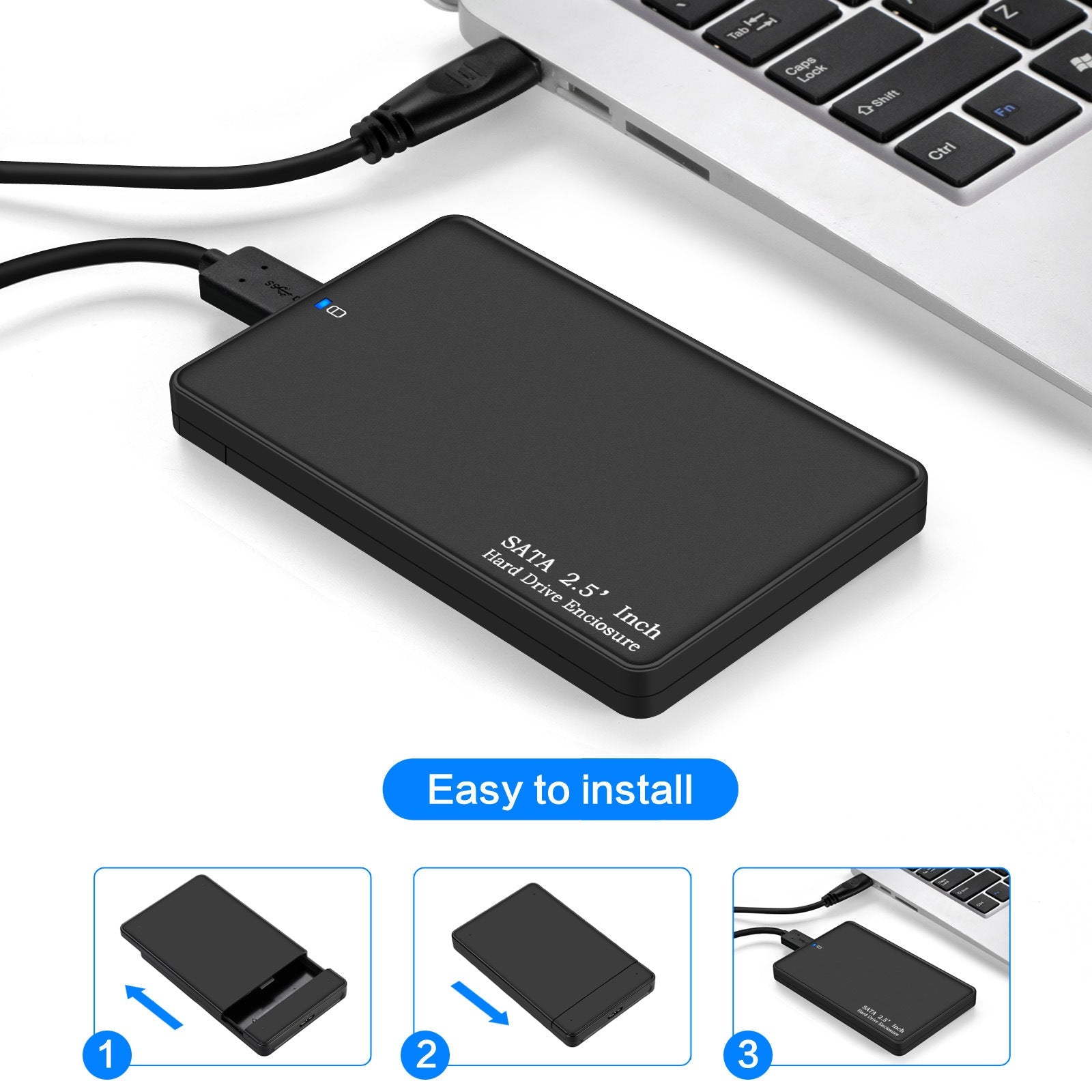 HKM-054483 2.5 Inch USB 3.0 External Hard Drive Enclosure for SATA SSD and HDD, Supports Up to 2TB, Plug and Play