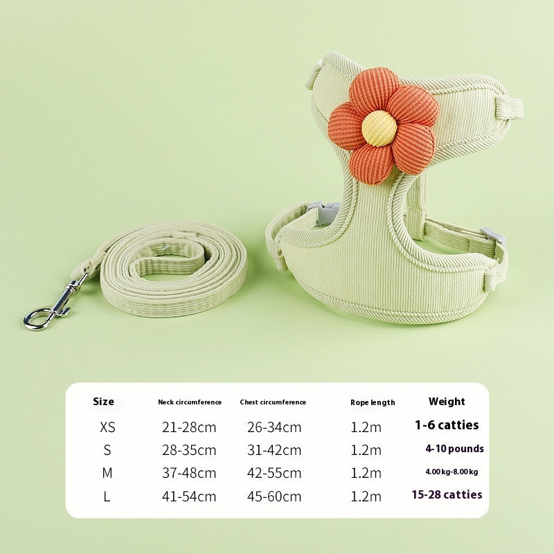 HKM-054483 Green Pet Harness with Flower Design and Rope Attachment - Available in XS, S, M, L Sizes