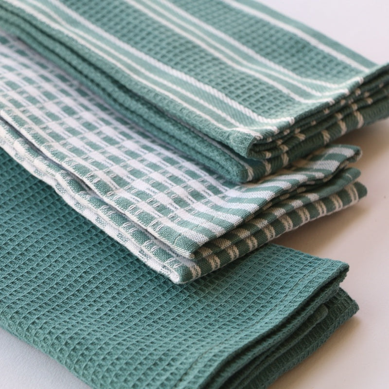 KTX-054547 Cotton Kitchen Towels Set – 3 Multi-purpose Towels in Green and Light Brown, 63-67cm Length