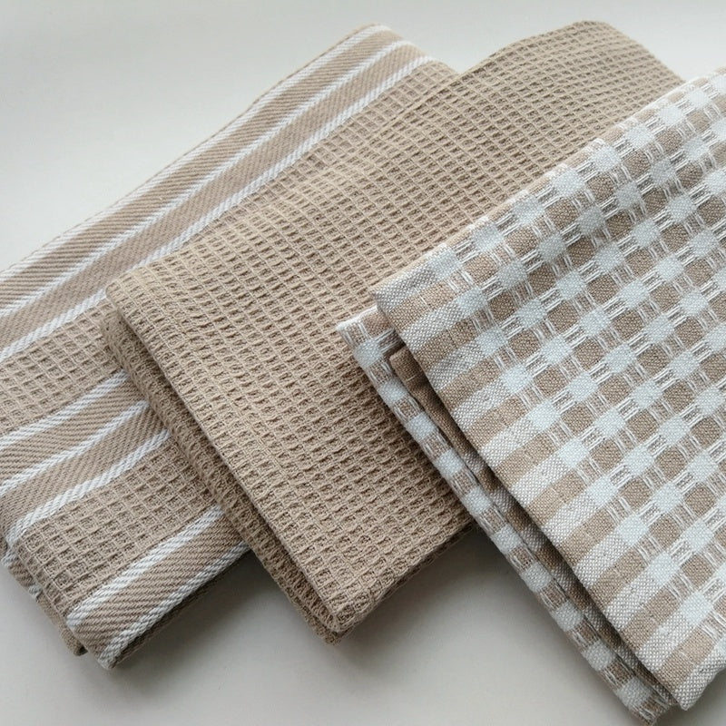 KTX-054547 Cotton Kitchen Towels Set – 3 Multi-purpose Towels in Green and Light Brown, 63-67cm Length