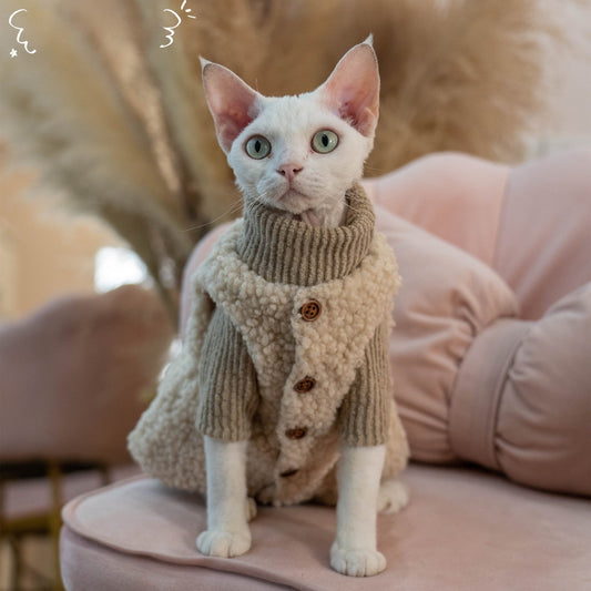HKM-054547 Lambswool Cat Vest and Sweater Set - Milk Coffee Textured Fashion for Cats
