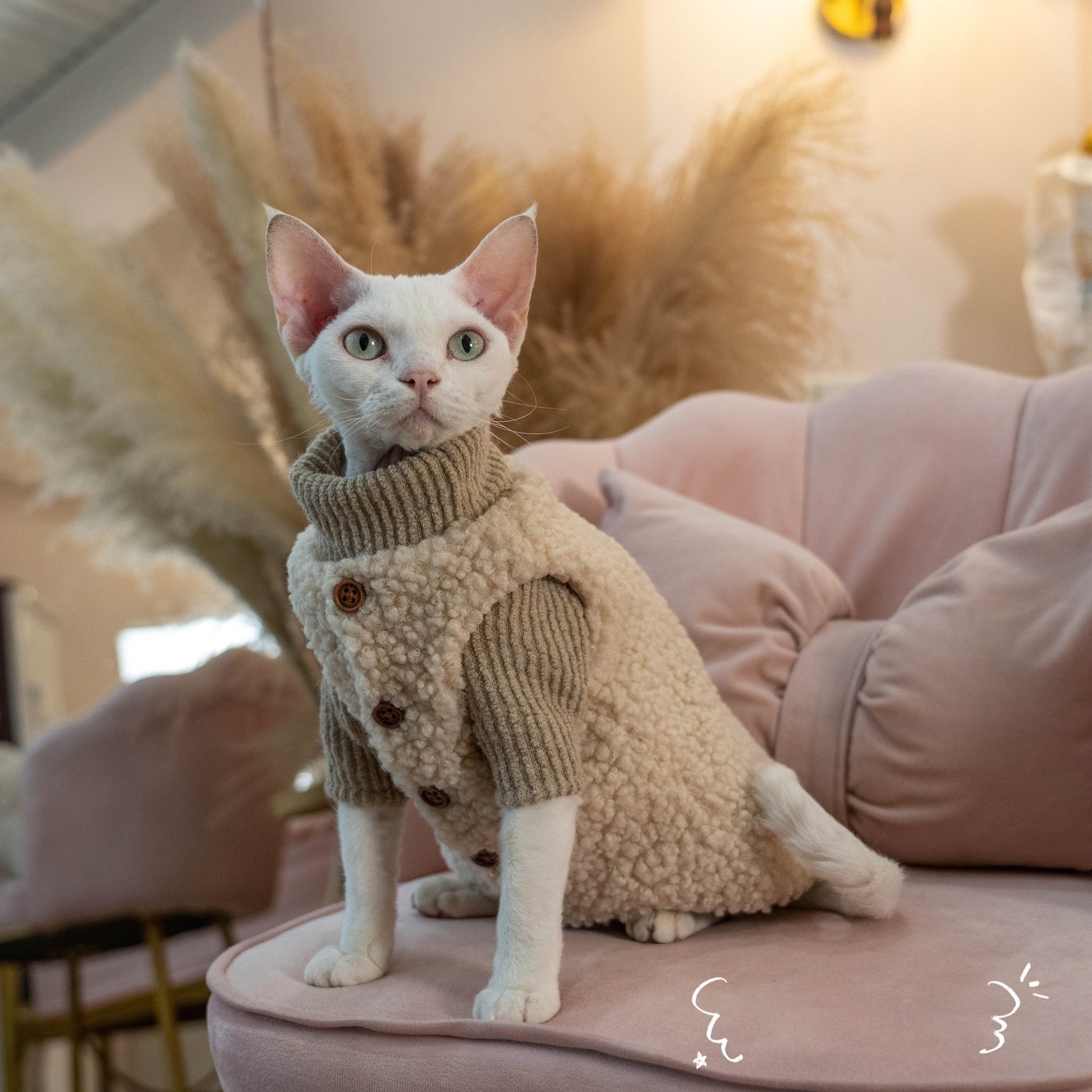 HKM-054547 Lambswool Cat Vest and Sweater Set - Milk Coffee Textured Fashion for Cats