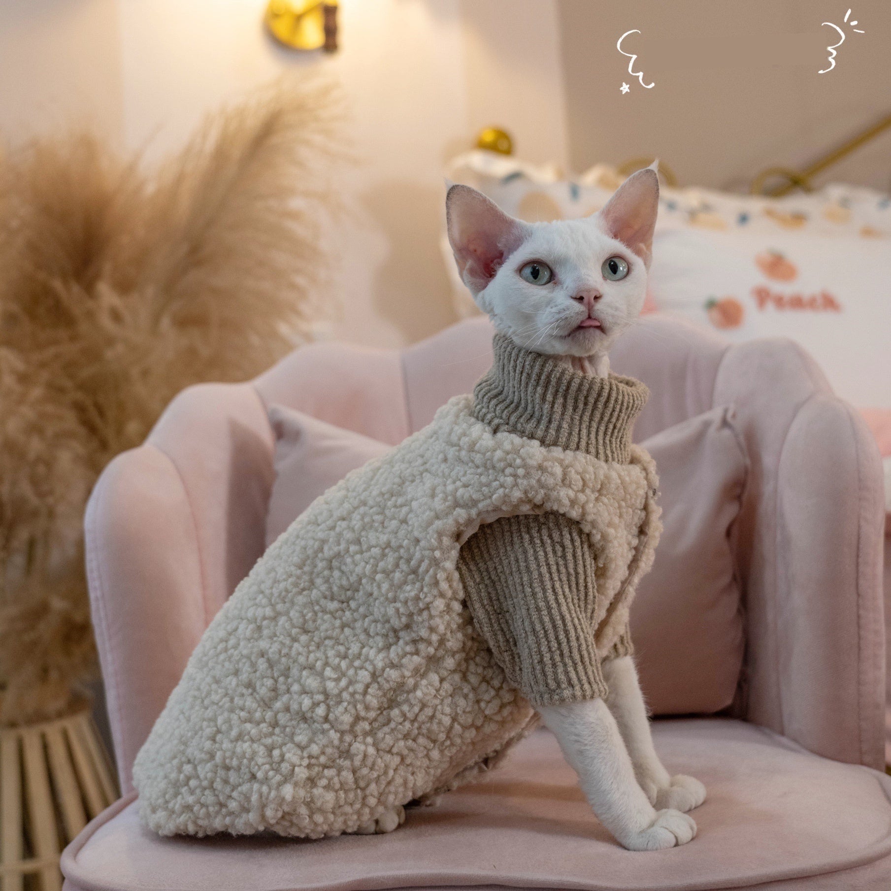 HKM-054547 Lambswool Cat Vest and Sweater Set - Milk Coffee Textured Fashion for Cats