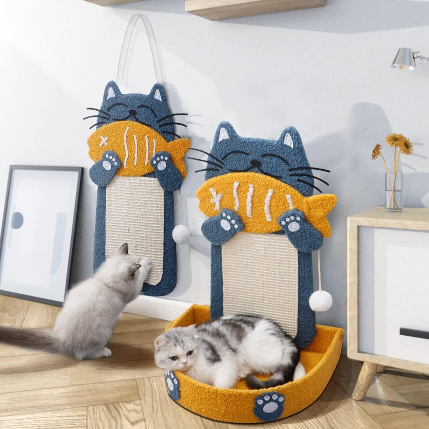 HKM-054803 Sisal Cat Scratching Post with Fish Design, Cat Bed and Scratching Board for Indoor Cats and Kittens