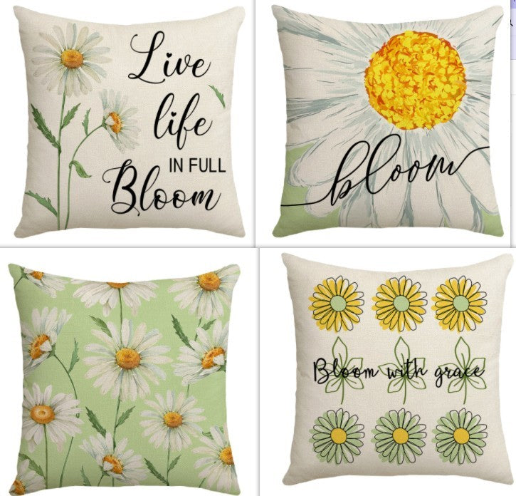 HKM-055251 Summer Chrysanthemum Green Plant Flower Linen Pillow Cover 45x45cm