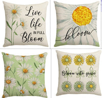 HKM-055251 Summer Chrysanthemum Green Plant Flower Linen Pillow Cover 45x45cm