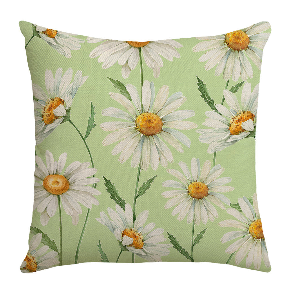 HKM-055251 Summer Chrysanthemum Green Plant Flower Linen Pillow Cover 45x45cm