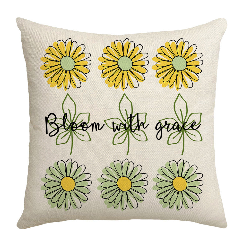 HKM-055251 Summer Chrysanthemum Green Plant Flower Linen Pillow Cover 45x45cm