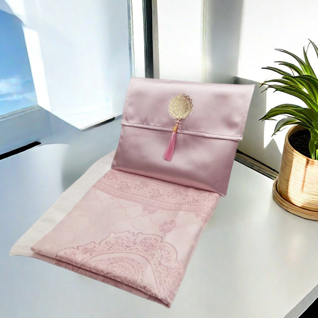 KTX-055699 Muslim Prayer Mat Set with Beads and Travel Bag - Washable Polyester Fiber, Modern Square Design