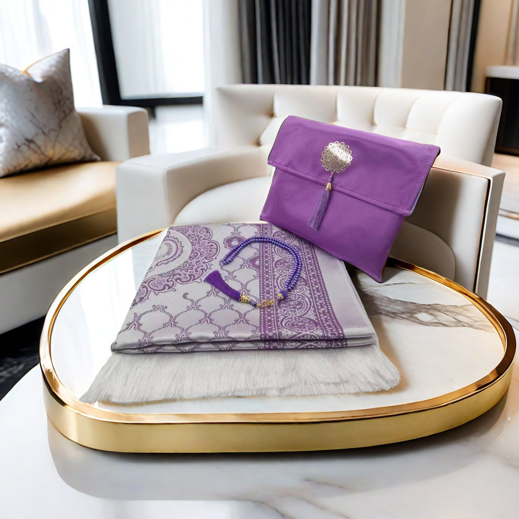 KTX-055699 Muslim Prayer Mat Set with Beads and Travel Bag - Washable Polyester Fiber, Modern Square Design