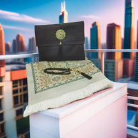 HKM-055699 Muslim Prayer Mat Set with Beads and Travel Bag - Washable Polyester Fiber, Modern Square Design