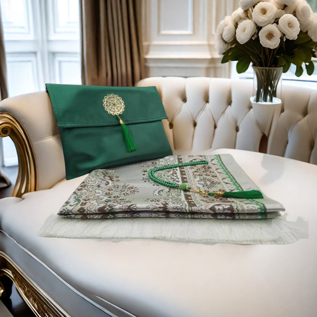 KTX-055699 Muslim Prayer Mat Set with Beads and Travel Bag - Washable Polyester Fiber, Modern Square Design