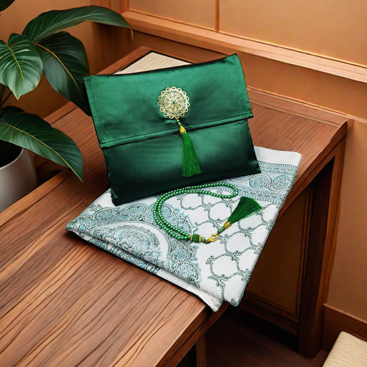 KTX-055699 Muslim Prayer Mat Set with Beads and Travel Bag - Washable Polyester Fiber, Modern Square Design
