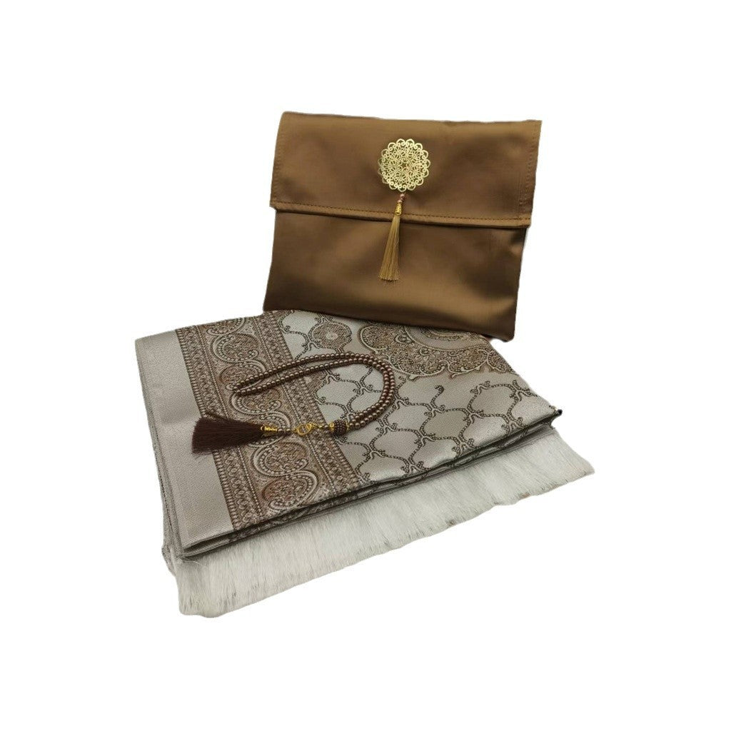 KTX-055699 Muslim Prayer Mat Set with Beads and Travel Bag - Washable Polyester Fiber, Modern Square Design