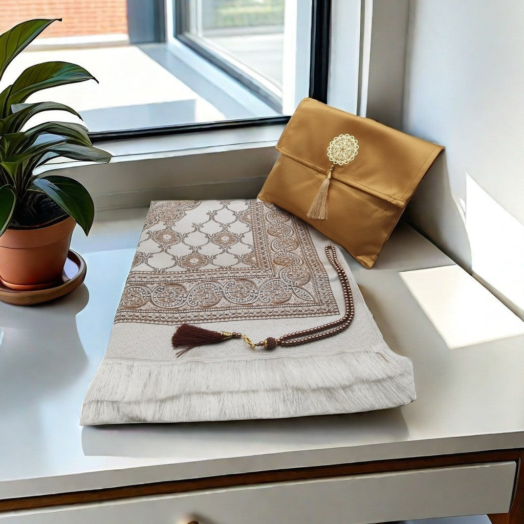 KTX-055699 Muslim Prayer Mat Set with Beads and Travel Bag - Washable Polyester Fiber, Modern Square Design