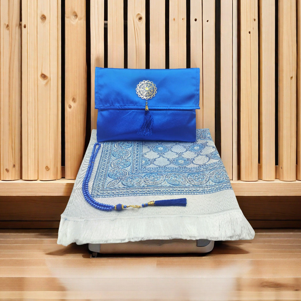 KTX-055699 Muslim Prayer Mat Set with Beads and Travel Bag - Washable Polyester Fiber, Modern Square Design