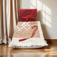 HKM-055699 Muslim Prayer Mat Set with Beads and Travel Bag - Washable Polyester Fiber, Modern Square Design