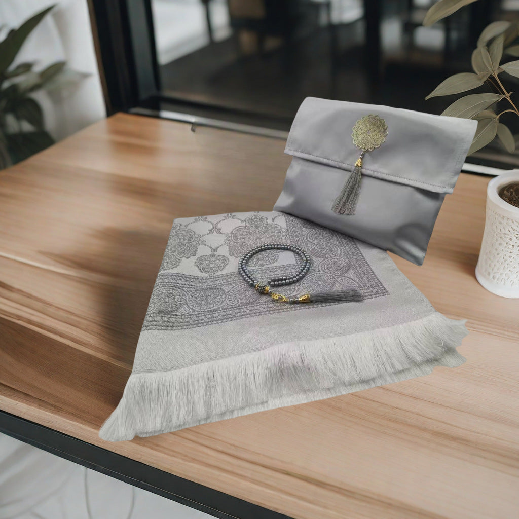 KTX-055699 Muslim Prayer Mat Set with Beads and Travel Bag - Washable Polyester Fiber, Modern Square Design