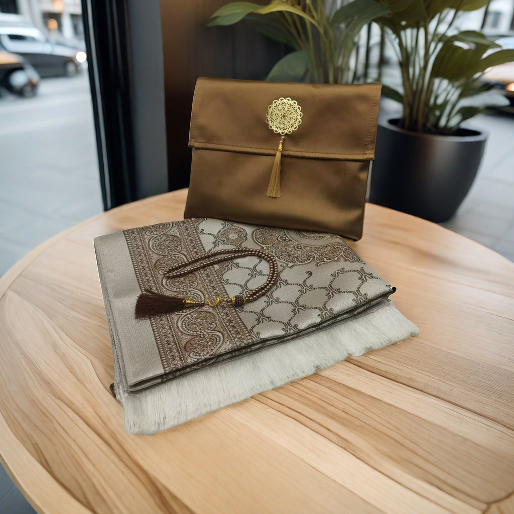 KTX-055699 Muslim Prayer Mat Set with Beads and Travel Bag - Washable Polyester Fiber, Modern Square Design