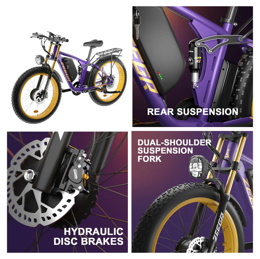 KTX-055827 26 Inch Electric Mountain Bike, 48V 2000W Dual Motor, 22.4Ah Battery, Hydraulic Disc Brakes, 7-Speed Gear System, Fat Tire E-Bike