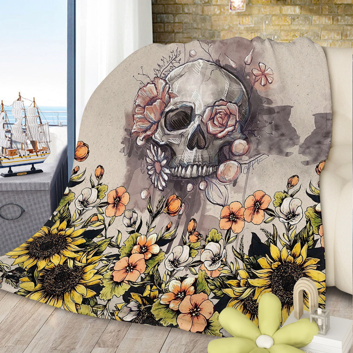 HKM-056595 Rustic Skull and Sunflower Flannel Throw Blanket - Soft Plush Fleece for Couch, Bed, and Car - Multiple Sizes Available