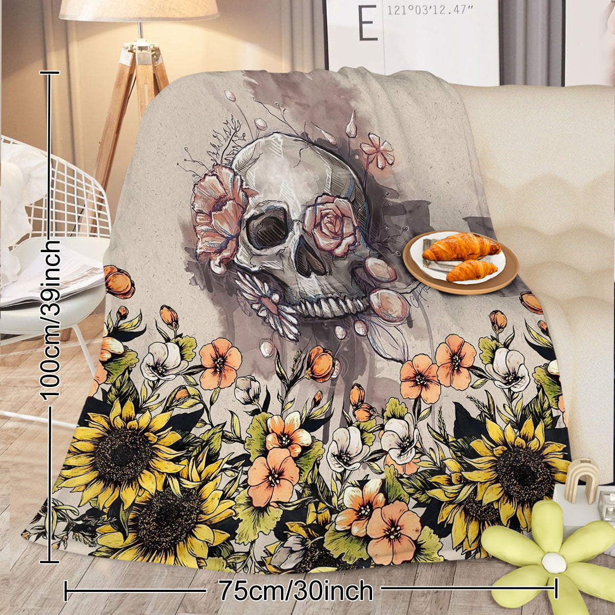 HKM-056595 Rustic Skull and Sunflower Flannel Throw Blanket - Soft Plush Fleece for Couch, Bed, and Car - Multiple Sizes Available